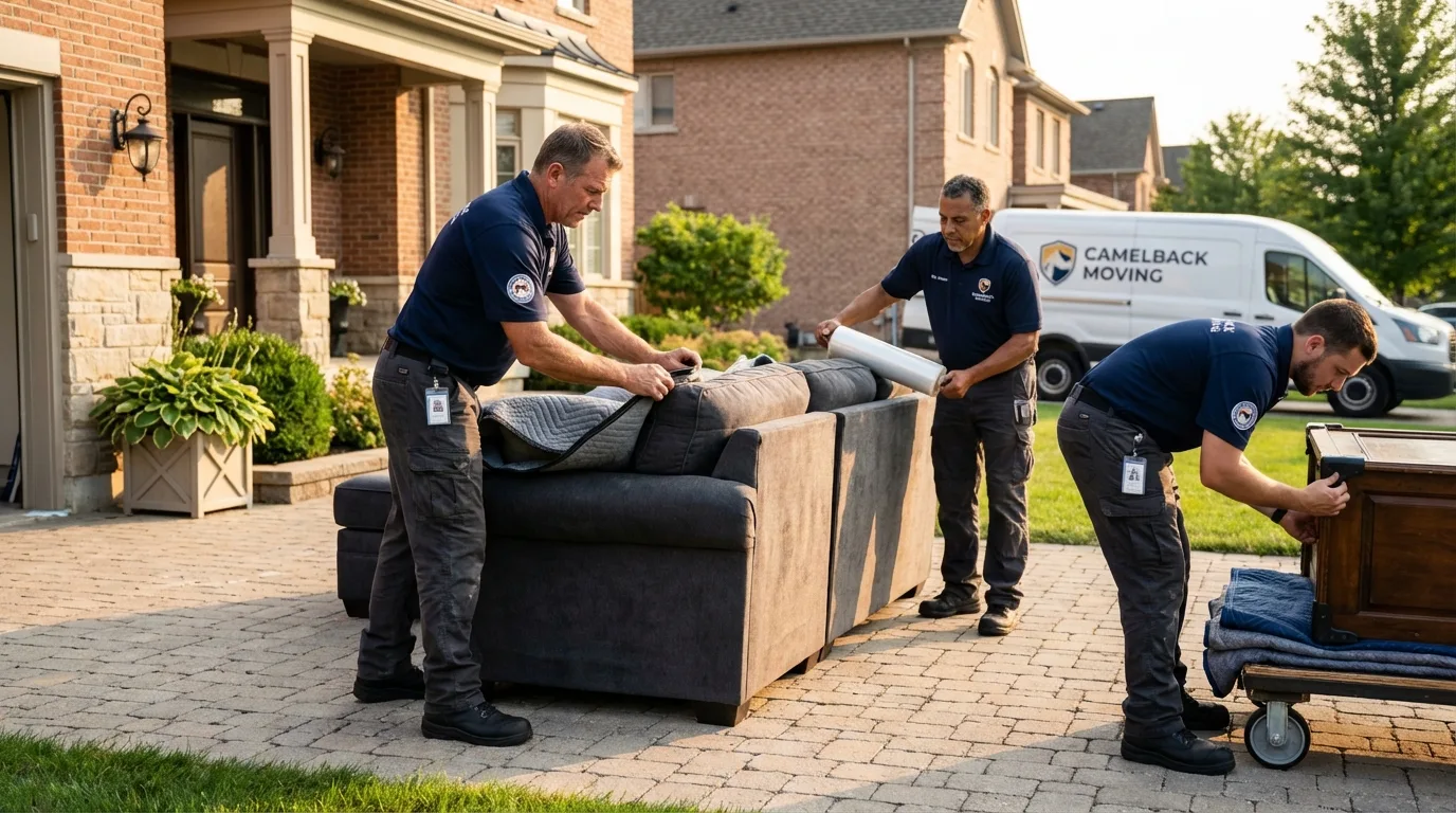 Large estate moving crew wrapping furniture in Lewiston, ME