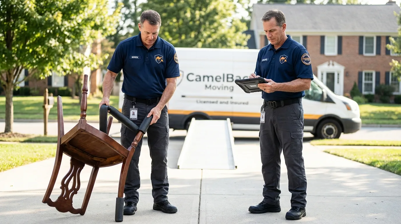 Movers inspecting furniture for damage prevention before loading in Lewiston, ME