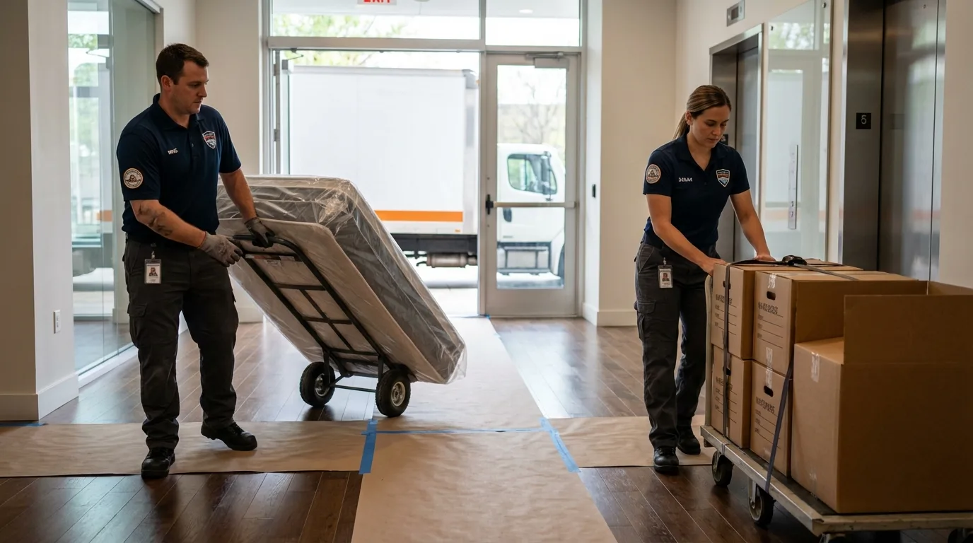 Professional apartment movers loading elevator in Lewiston, ME